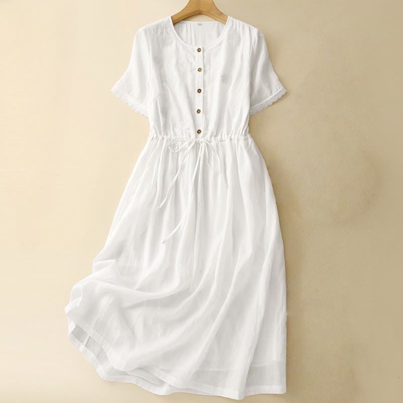 Nimara Ritual Commute Embroidery Pleated Button Drawstring Design Cotton Linen Ruffled Short Sleeve Midi Dress