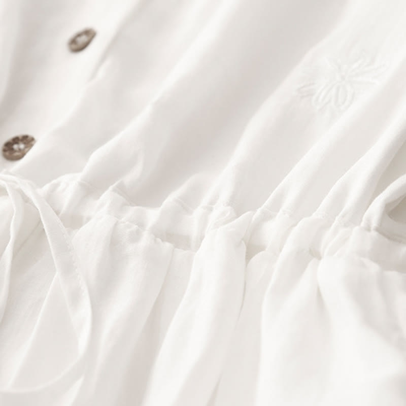 Nimara Ritual Commute Embroidery Pleated Button Drawstring Design Cotton Linen Ruffled Short Sleeve Midi Dress