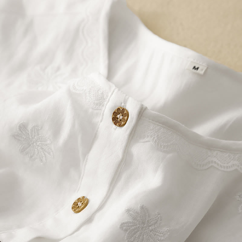 Nimara Ritual Commute Embroidery Pleated Button Drawstring Design Cotton Linen Ruffled Short Sleeve Midi Dress