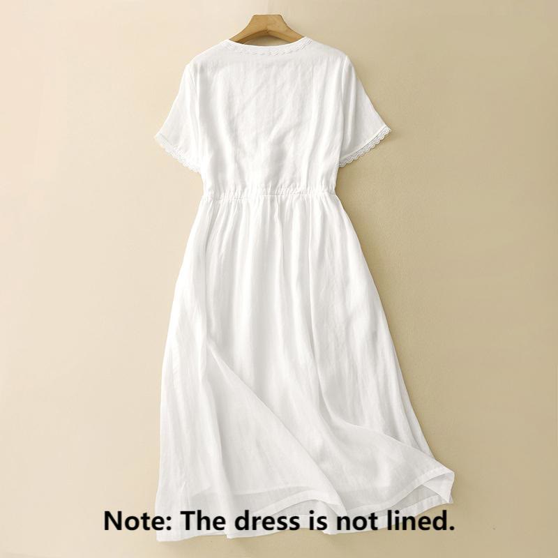Nimara Ritual Commute Embroidery Pleated Button Drawstring Design Cotton Linen Ruffled Short Sleeve Midi Dress