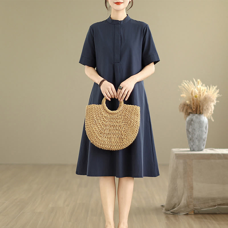 Nimara Ritual Commute Plaid Pattern Simple Design Cotton Half Sleeve Midi Dress With Pockets
