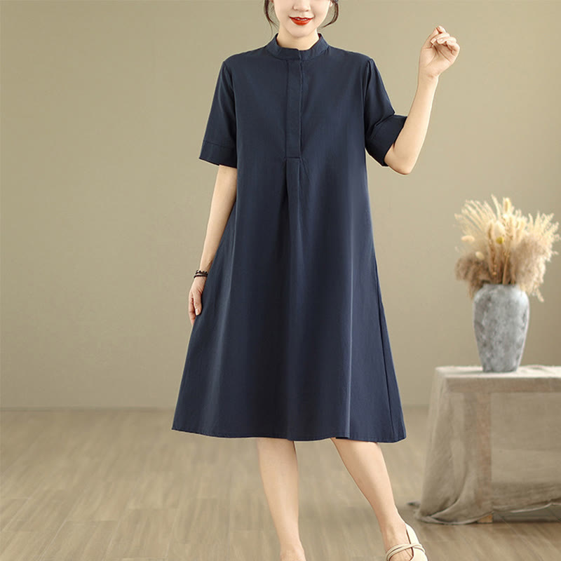 Nimara Ritual Commute Plaid Pattern Simple Design Cotton Half Sleeve Midi Dress With Pockets