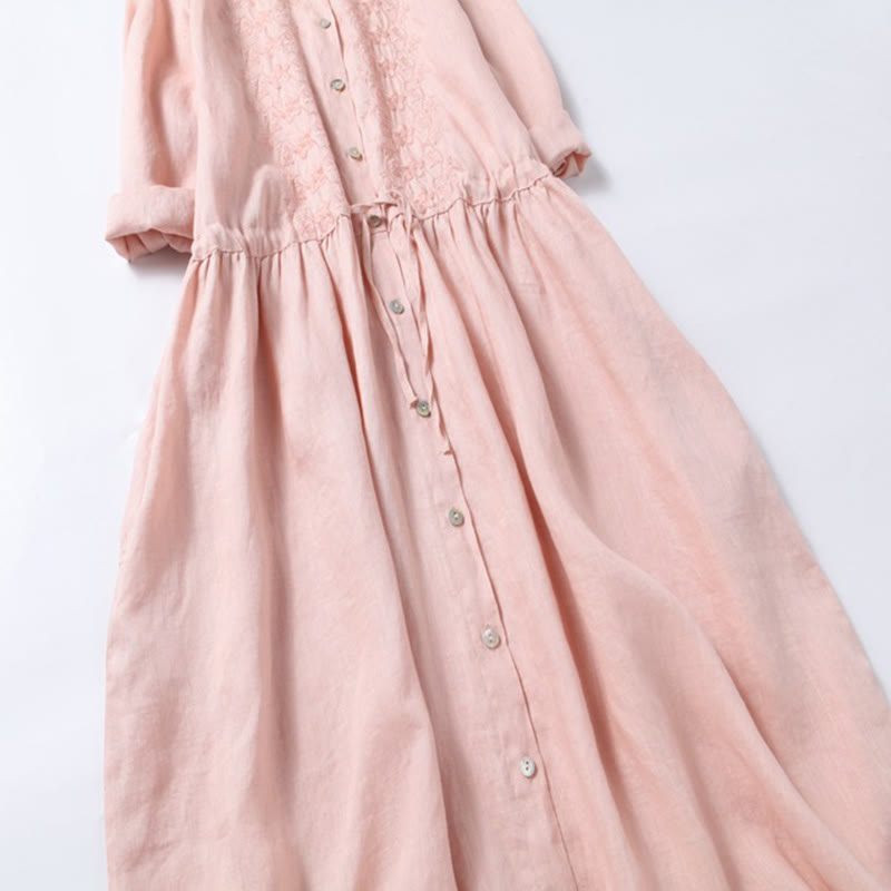 Nimara Ritual Fall Embroidery Button Design Cotton Linen Long Sleeve Midi Dress With Pockets