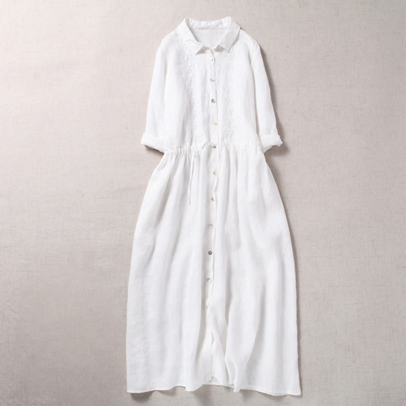 Nimara Ritual Fall Embroidery Button Design Cotton Linen Long Sleeve Midi Dress With Pockets