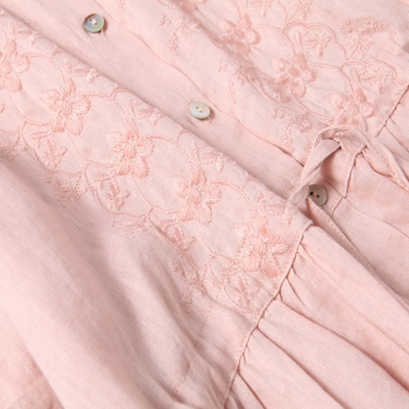 Nimara Ritual Fall Embroidery Button Design Cotton Linen Long Sleeve Midi Dress With Pockets