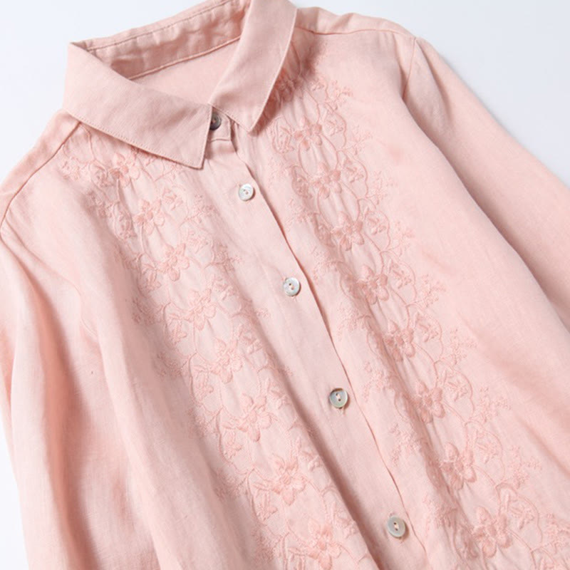 Nimara Ritual Fall Embroidery Button Design Cotton Linen Long Sleeve Midi Dress With Pockets