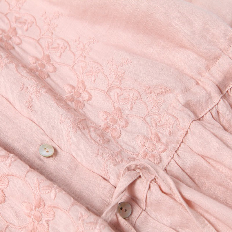 Nimara Ritual Fall Embroidery Button Design Cotton Linen Long Sleeve Midi Dress With Pockets