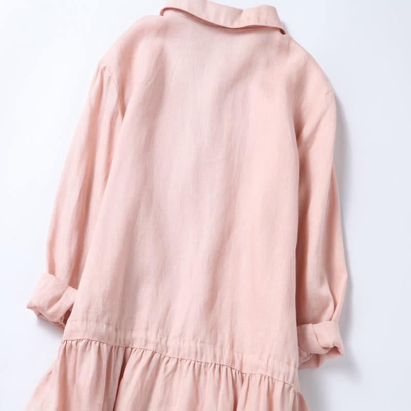 Nimara Ritual Fall Embroidery Button Design Cotton Linen Long Sleeve Midi Dress With Pockets