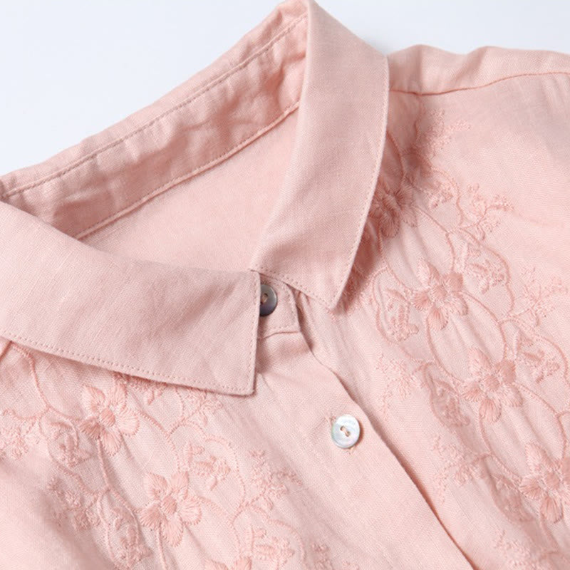 Nimara Ritual Fall Embroidery Button Design Cotton Linen Long Sleeve Midi Dress With Pockets