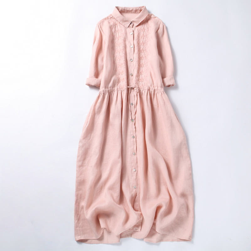 Nimara Ritual Fall Embroidery Button Design Cotton Linen Long Sleeve Midi Dress With Pockets