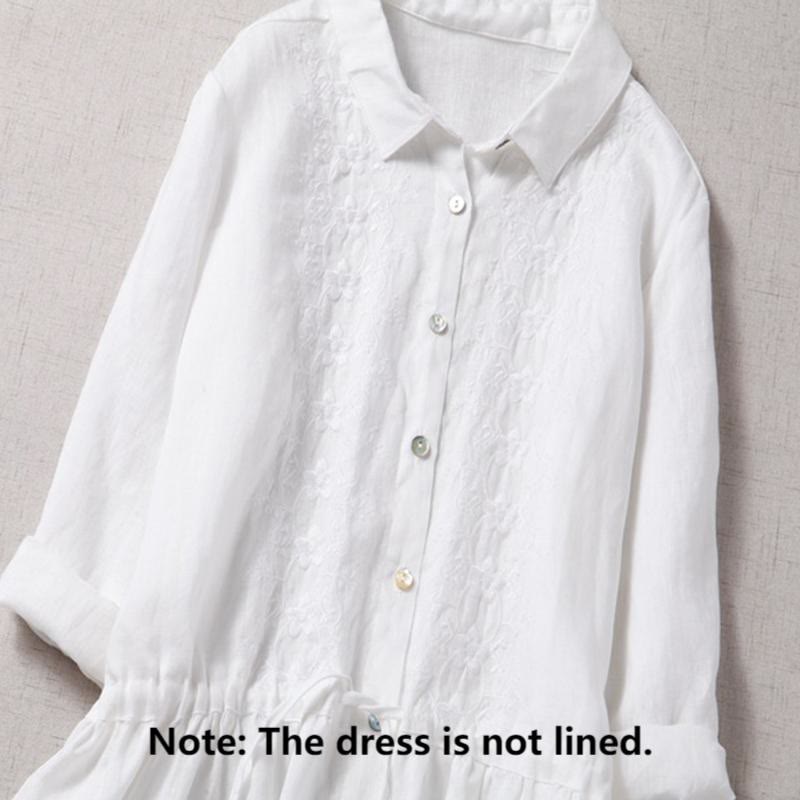 Nimara Ritual Fall Embroidery Button Design Cotton Linen Long Sleeve Midi Dress With Pockets