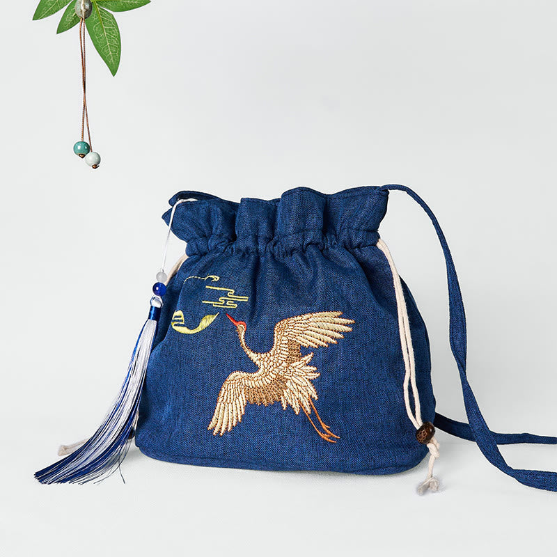 Nimara Ritual Embroidered Navy Blue Crane Cotton Linen Crossbody Bag Shoulder Bag
