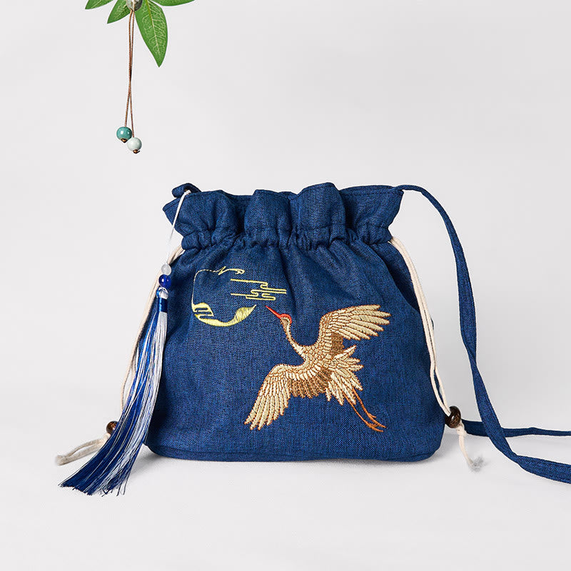 Nimara Ritual Embroidered Navy Blue Crane Cotton Linen Crossbody Bag Shoulder Bag
