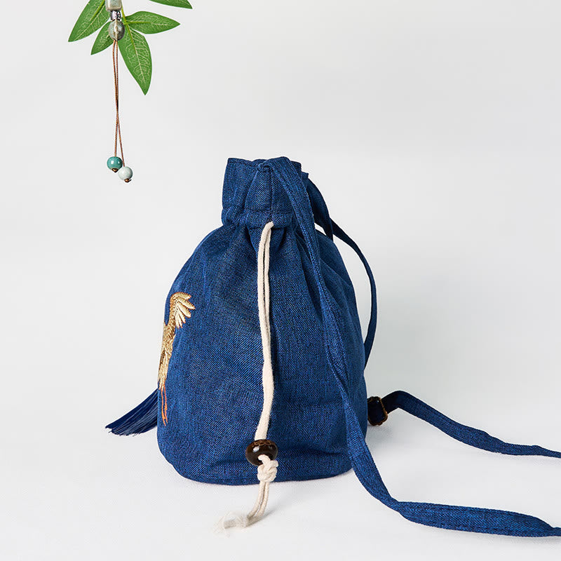 Nimara Ritual Embroidered Navy Blue Crane Cotton Linen Crossbody Bag Shoulder Bag