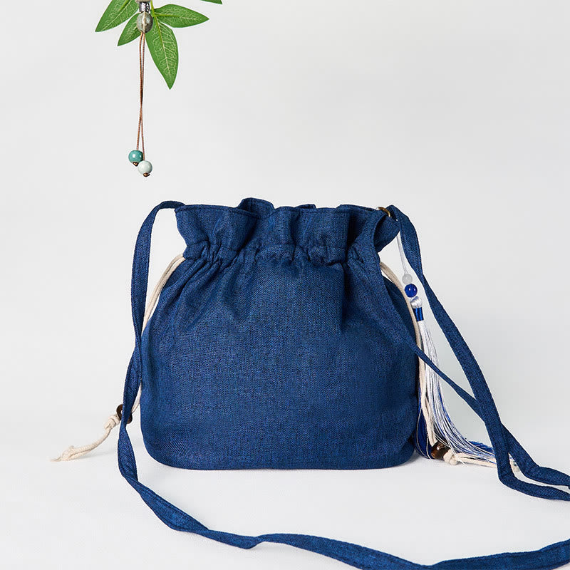 Nimara Ritual Embroidered Navy Blue Crane Cotton Linen Crossbody Bag Shoulder Bag