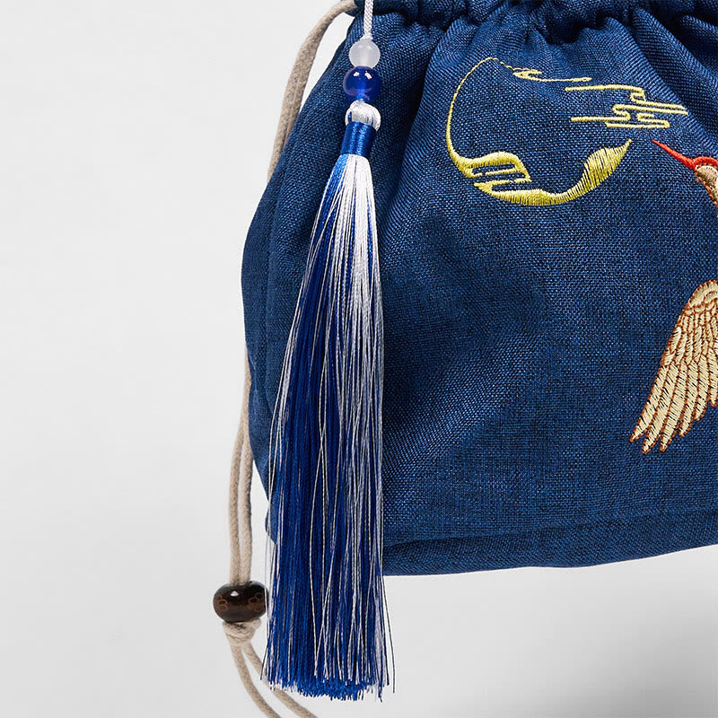 Nimara Ritual Embroidered Navy Blue Crane Cotton Linen Crossbody Bag Shoulder Bag