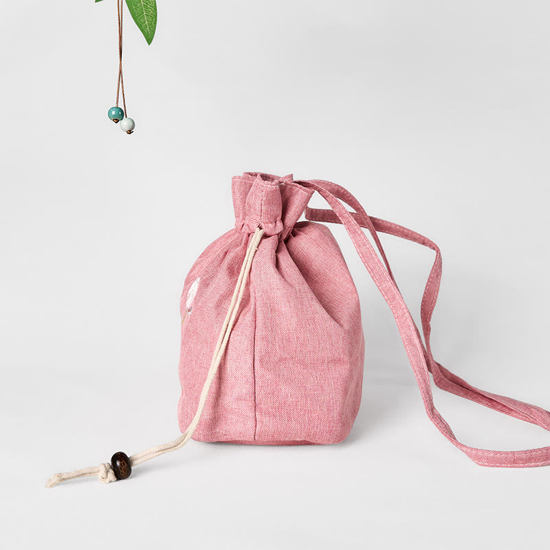 Nimara Ritual Embroidered Light Pink Lotus Cotton Linen Crossbody Bag Shoulder Bag
