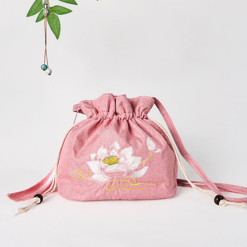 Nimara Ritual Embroidered Light Pink Lotus Cotton Linen Crossbody Bag Shoulder Bag