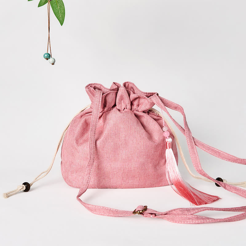 Nimara Ritual Embroidered Light Pink Lotus Cotton Linen Crossbody Bag Shoulder Bag