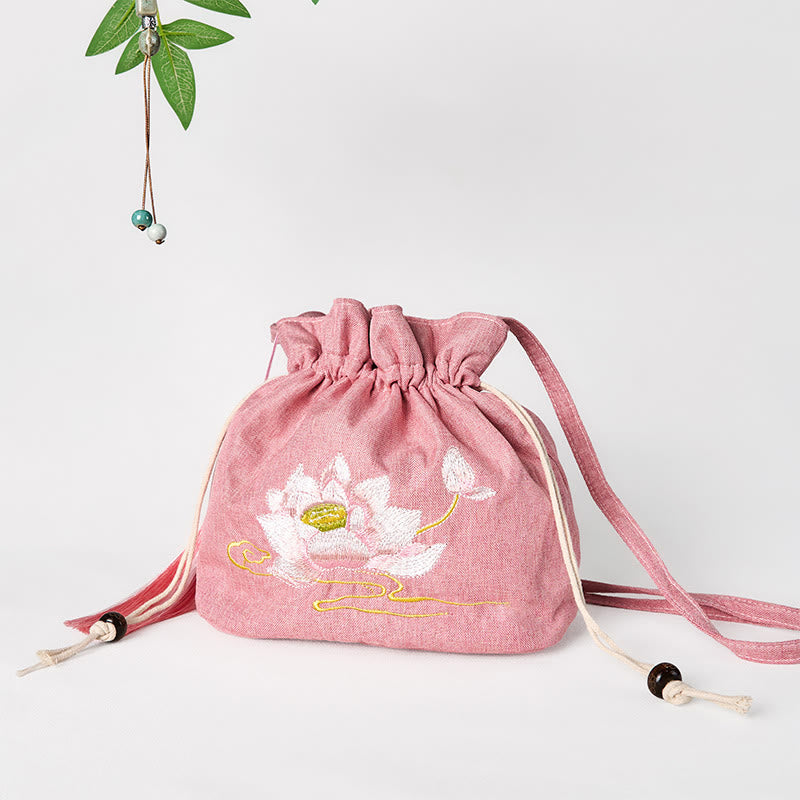 Nimara Ritual Embroidered Light Pink Lotus Cotton Linen Crossbody Bag Shoulder Bag
