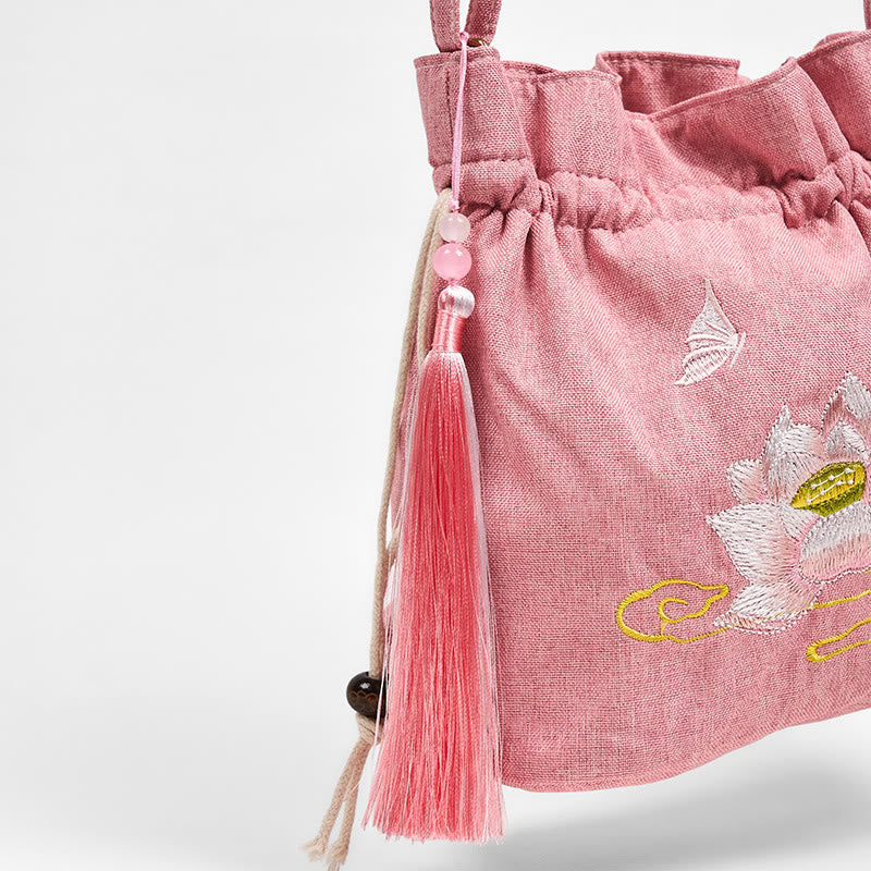 Nimara Ritual Embroidered Light Pink Lotus Cotton Linen Crossbody Bag Shoulder Bag