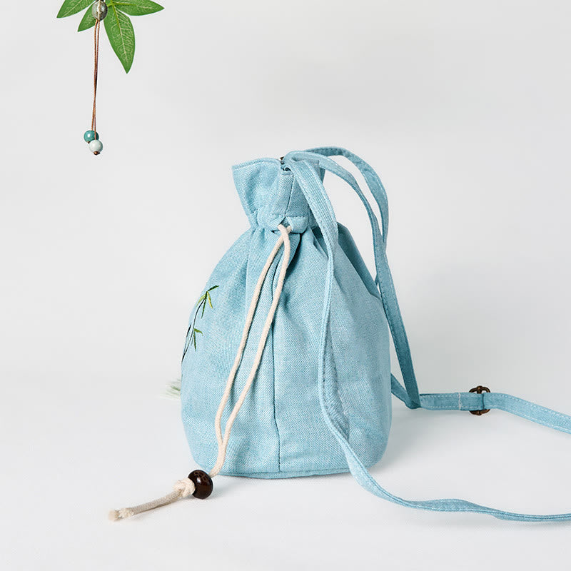 Nimara Ritual Embroidered Green Bamboo Cotton Linen Crossbody Bag Shoulder Bag