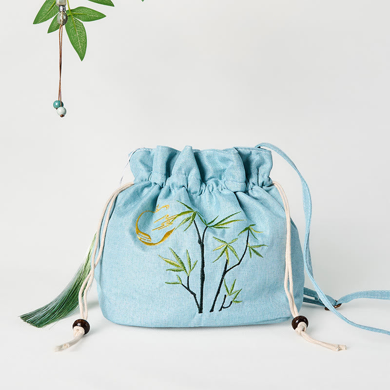 Nimara Ritual Embroidered Green Bamboo Cotton Linen Crossbody Bag Shoulder Bag