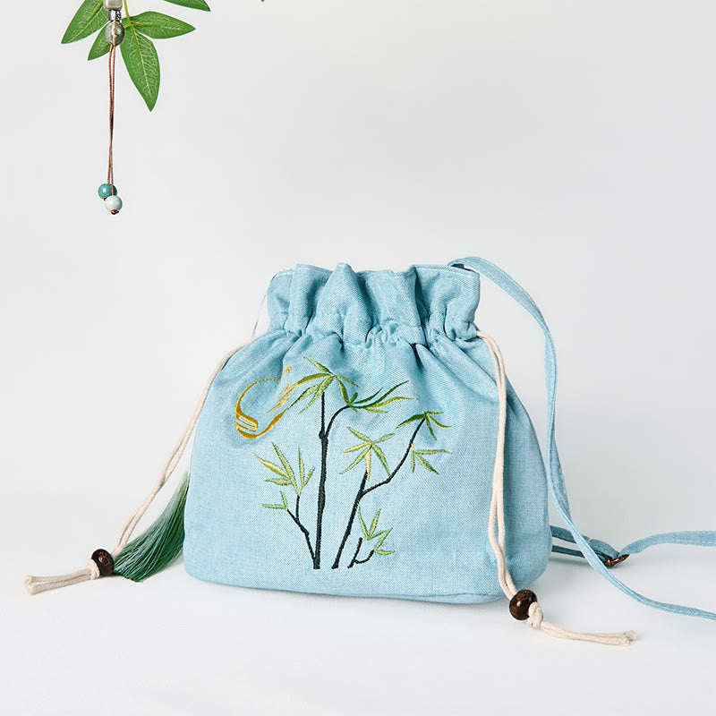 Nimara Ritual Embroidered Green Bamboo Cotton Linen Crossbody Bag Shoulder Bag