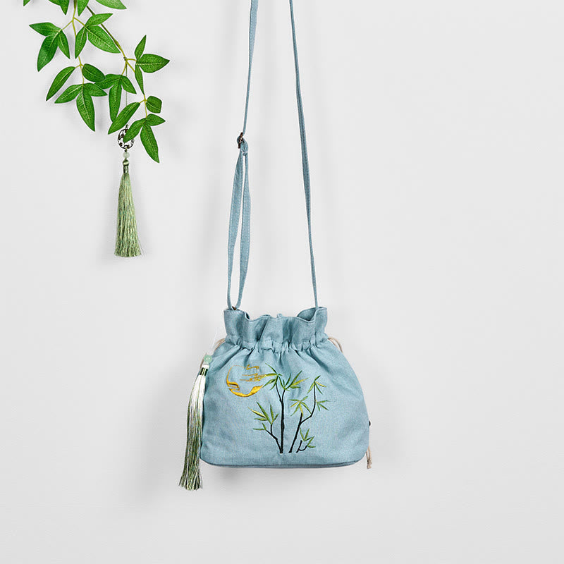 Nimara Ritual Embroidered Green Bamboo Cotton Linen Crossbody Bag Shoulder Bag