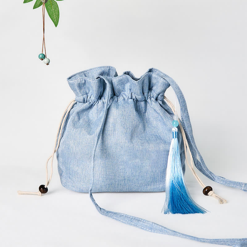 Nimara Ritual Embroidered Light Blue Fairy Deer Auspicious Clouds Cotton Linen Crossbody Bag Shoulder Bag