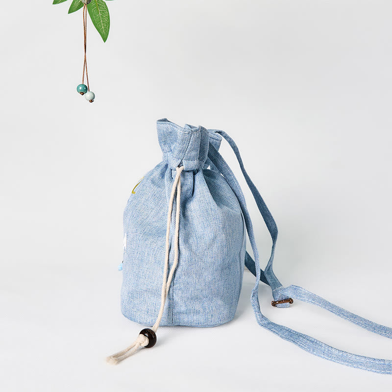 Nimara Ritual Embroidered Light Blue Fairy Deer Auspicious Clouds Cotton Linen Crossbody Bag Shoulder Bag