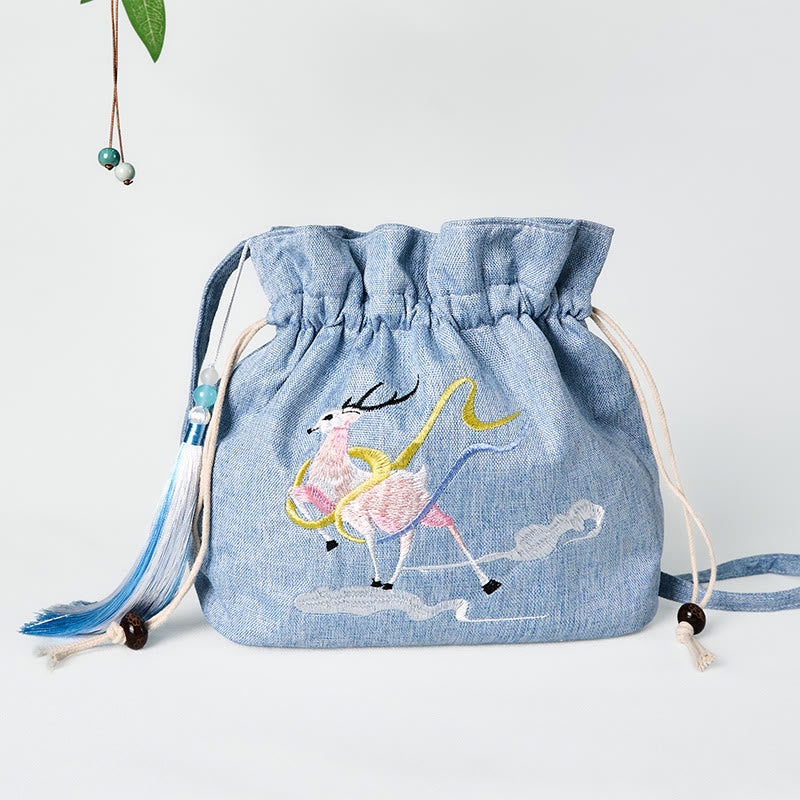 Nimara Ritual Embroidered Light Blue Fairy Deer Auspicious Clouds Cotton Linen Crossbody Bag Shoulder Bag