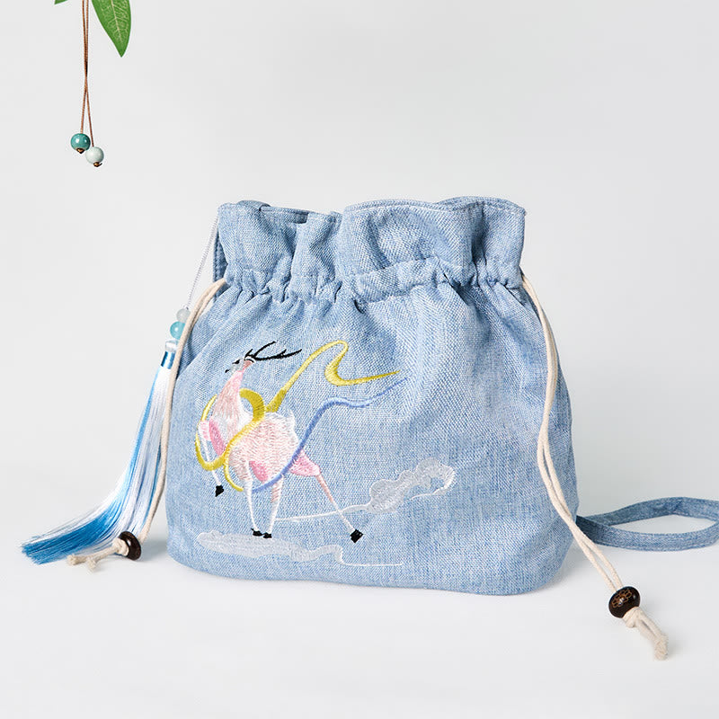Nimara Ritual Embroidered Light Blue Fairy Deer Auspicious Clouds Cotton Linen Crossbody Bag Shoulder Bag