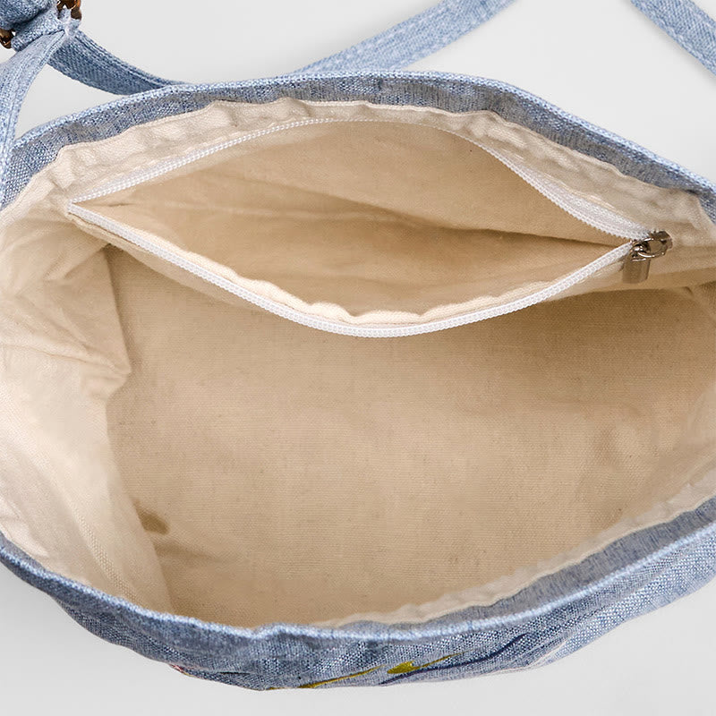 Nimara Ritual Embroidered Light Blue Fairy Deer Auspicious Clouds Cotton Linen Crossbody Bag Shoulder Bag