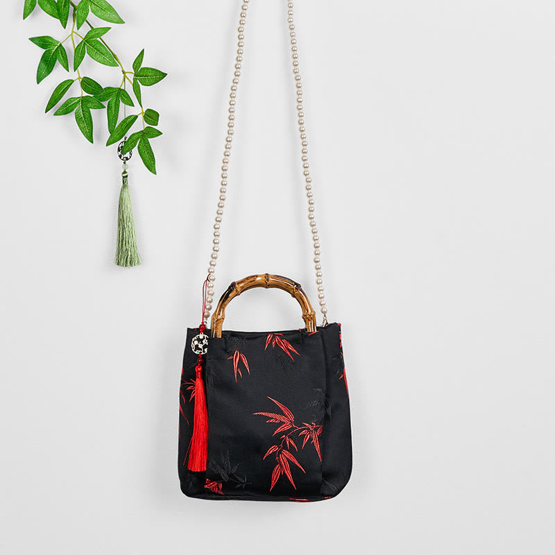Nimara Ritual Polyester Cotton Embroidery Leaves Bamboo Handle Pearl Crossbody Bag Hangbags