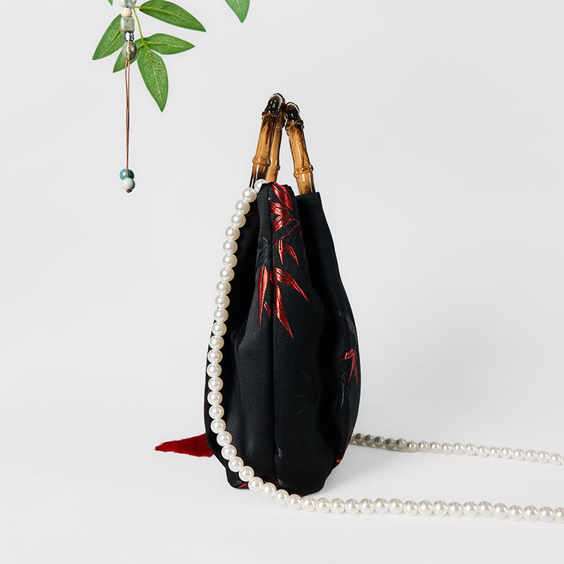 Nimara Ritual Polyester Cotton Embroidery Leaves Bamboo Handle Pearl Crossbody Bag Hangbags