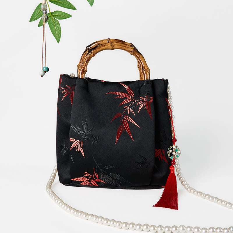 Nimara Ritual Polyester Cotton Embroidery Leaves Bamboo Handle Pearl Crossbody Bag Hangbags