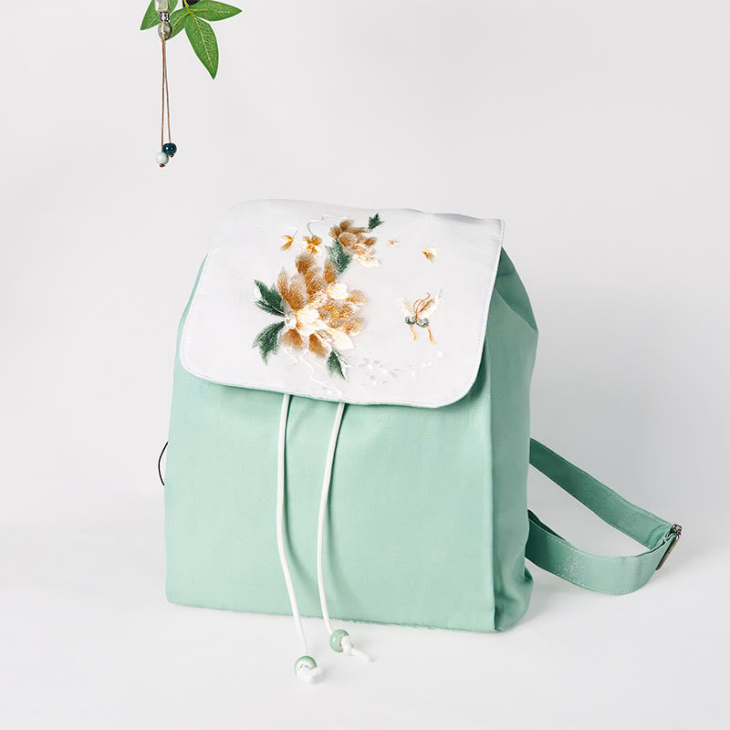 Nimara Ritual Handmade Green Peony Flowers Embroidered Large Capacity Canvas Backpack