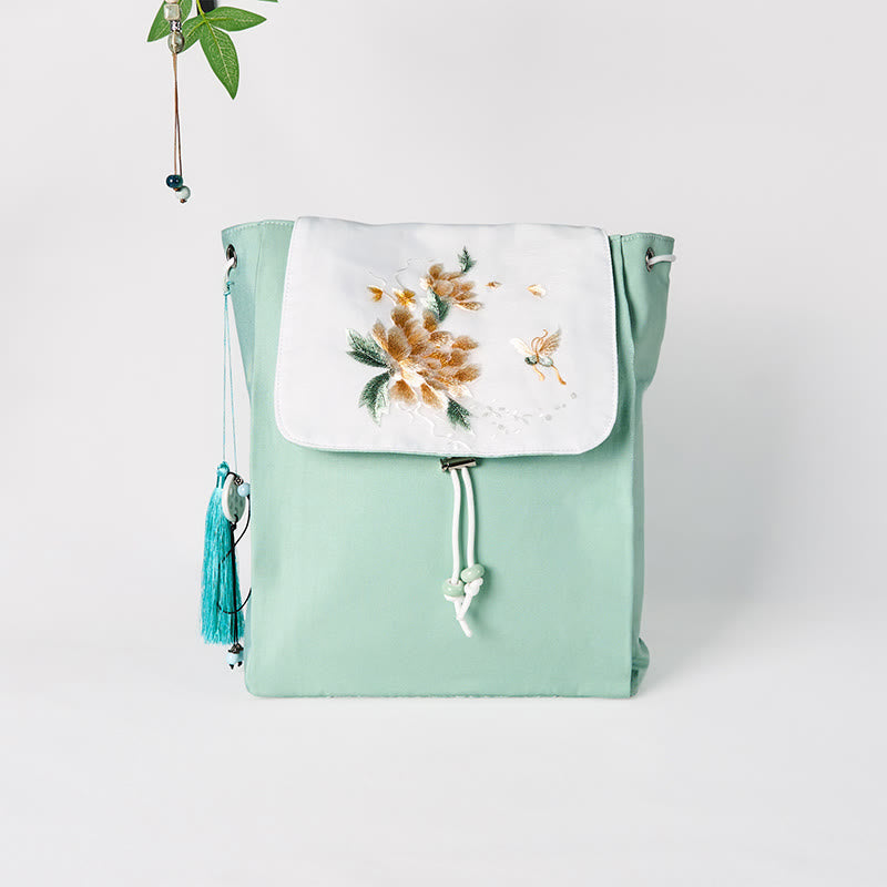 Nimara Ritual Handmade Green Peony Flowers Embroidered Large Capacity Canvas Backpack