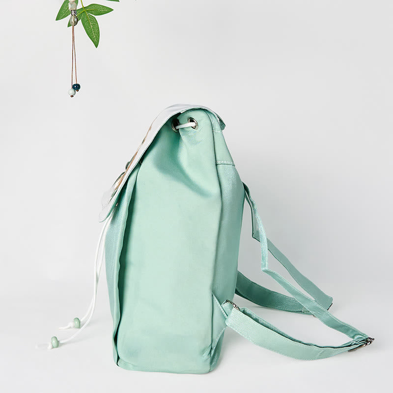 Nimara Ritual Handmade Green Peony Flowers Embroidered Large Capacity Canvas Backpack