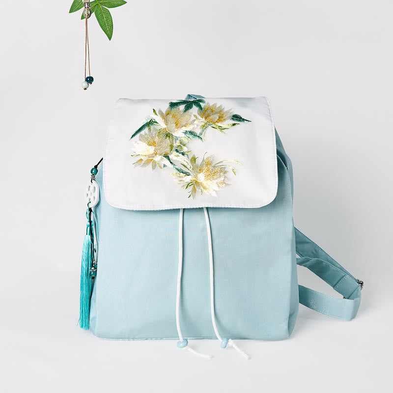 Nimara Ritual Handmade Blue Epiphyllum Embroidered Large Capacity Canvas Backpack