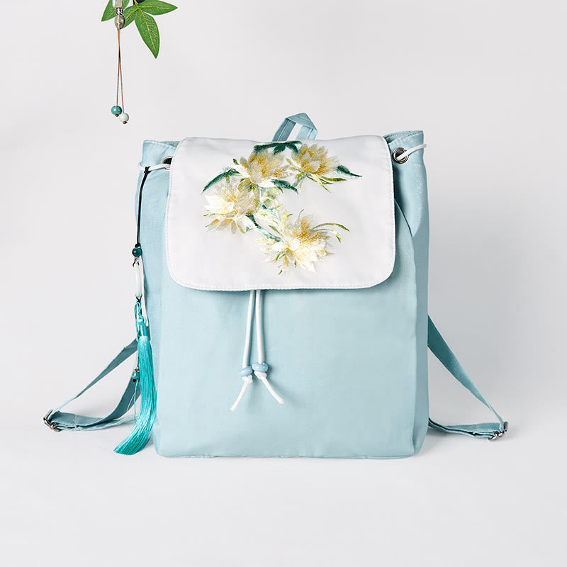 Nimara Ritual Handmade Blue Epiphyllum Embroidered Large Capacity Canvas Backpack