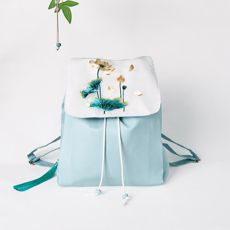 Nimara Ritual Handmade Blue Lotus Embroidered Large Capacity Canvas Backpack