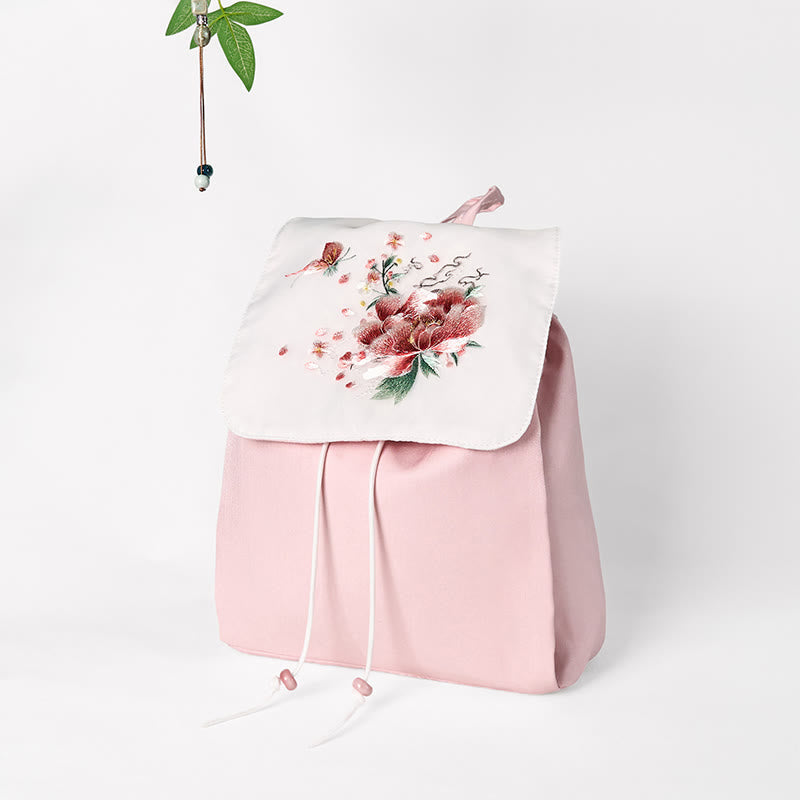 Nimara Ritual Handmade Pink Peony Flowers Embroidered Large Capacity Canvas Backpack