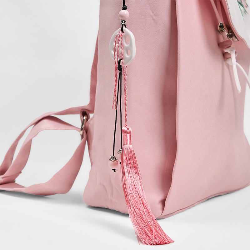 Nimara Ritual Handmade Pink Peony Flowers Embroidered Large Capacity Canvas Backpack