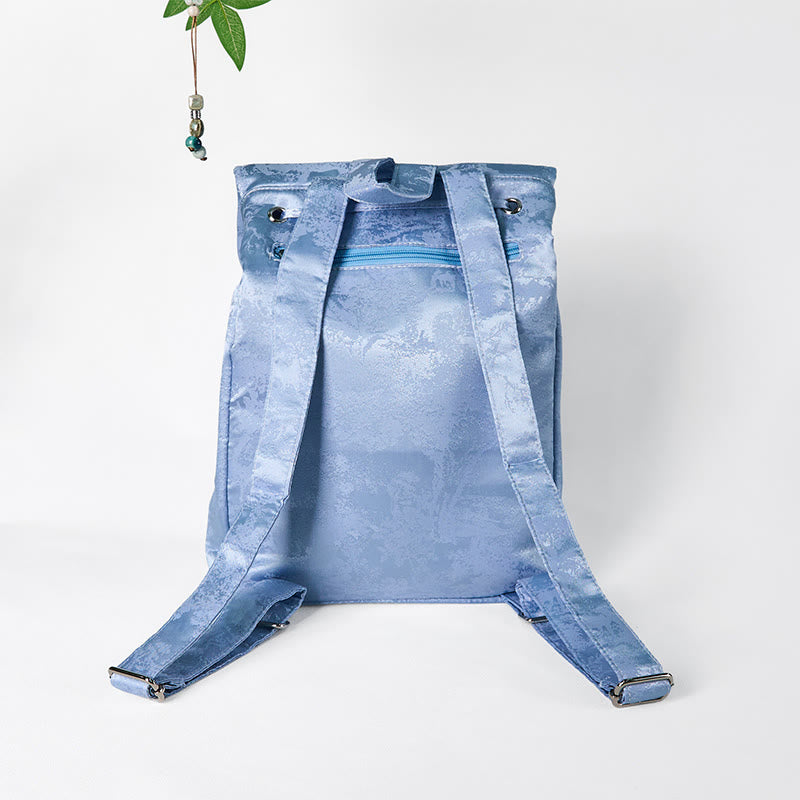Nimara Ritual Handmade Blue Camellia Embroidered Large Capacity Polyester Cotton Backpack