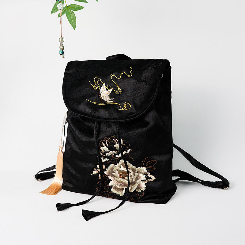 Nimara Ritual Handmade Black Peony Embroidered Large Capacity Polyester Cotton Backpack