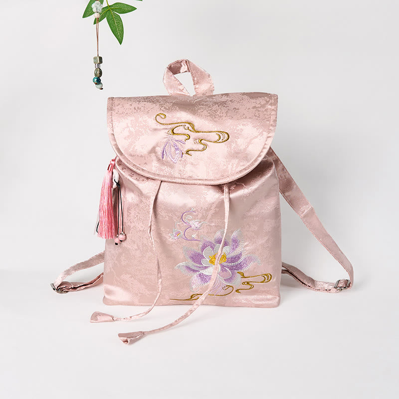 Nimara Ritual Handmade Pink Lotus Embroidered Large Capacity Polyester Cotton Backpack