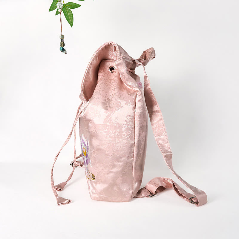 Nimara Ritual Handmade Pink Lotus Embroidered Large Capacity Polyester Cotton Backpack