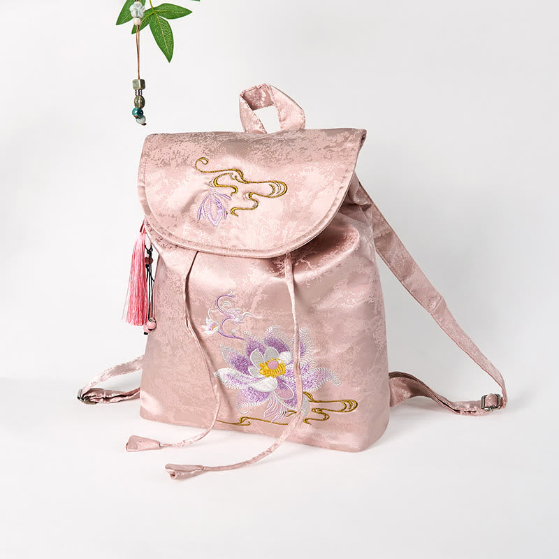 Nimara Ritual Handmade Pink Lotus Embroidered Large Capacity Polyester Cotton Backpack